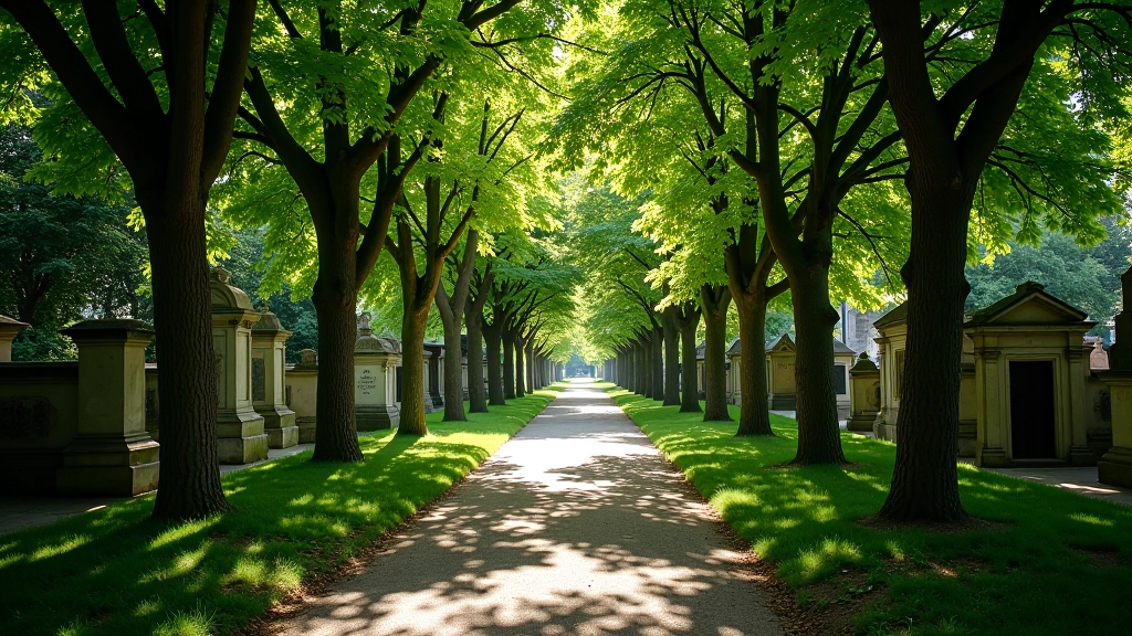 Peaceful cemetery garden pathway with stone markers and ancient trees creating natural canopy overhead