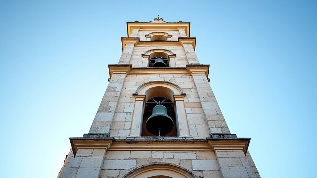 Church bell tower against sky with architectural details visible