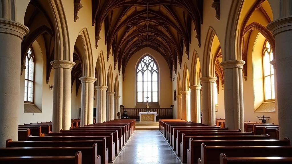 Interior of historic church showing ribbed vault ceiling and pointed arches with natural light streaming through windows