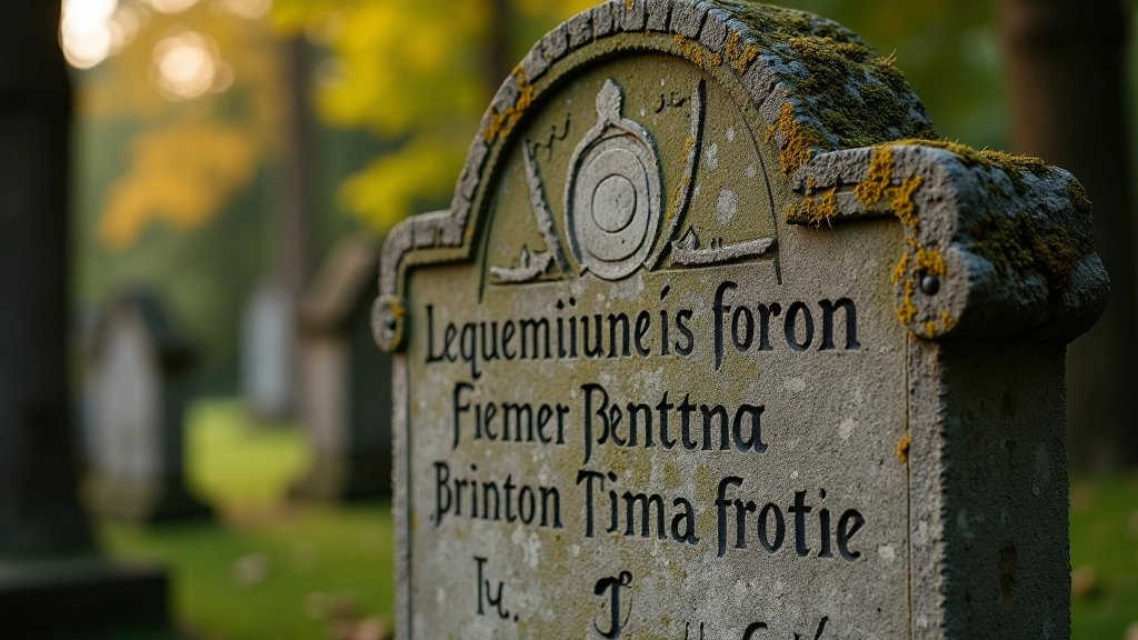 Close-up of weathered stone gravestone with carved inscription and lichen growth, showing age and historical detail