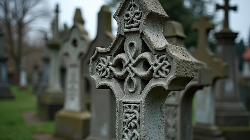 Detailed stone carvings and crosses in cemetery showing medieval craftsmanship and symbolism