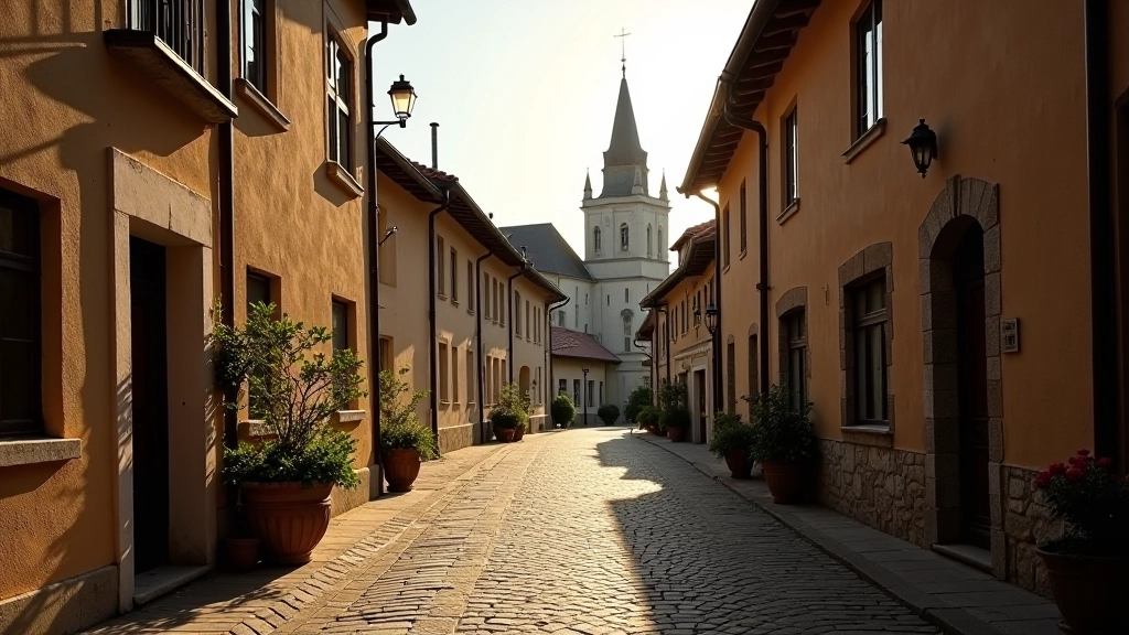 Historic European town street with old buildings and traditional architecture in warm afternoon light