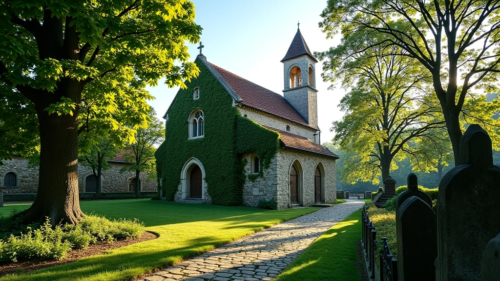 Historic medieval church surrounded by ancient trees and stone pathways in morning light