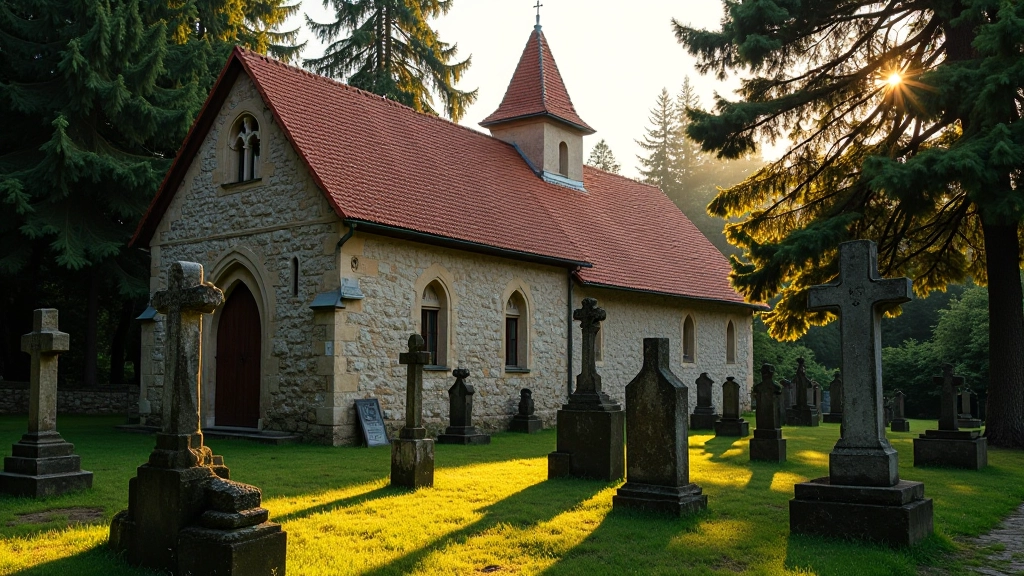 Historic stone church with red-tiled roof surrounded by old cemetery trees in morning light
