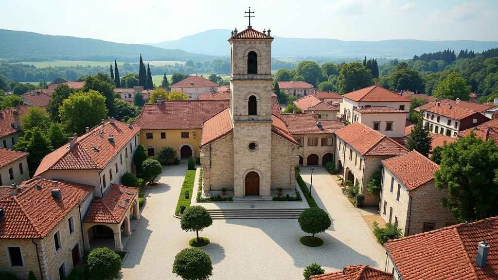 Aerial view of historic cathedral square with stone buildings arranged in geometric pattern, medieval church tower prominent in center, cobblestone plaza
