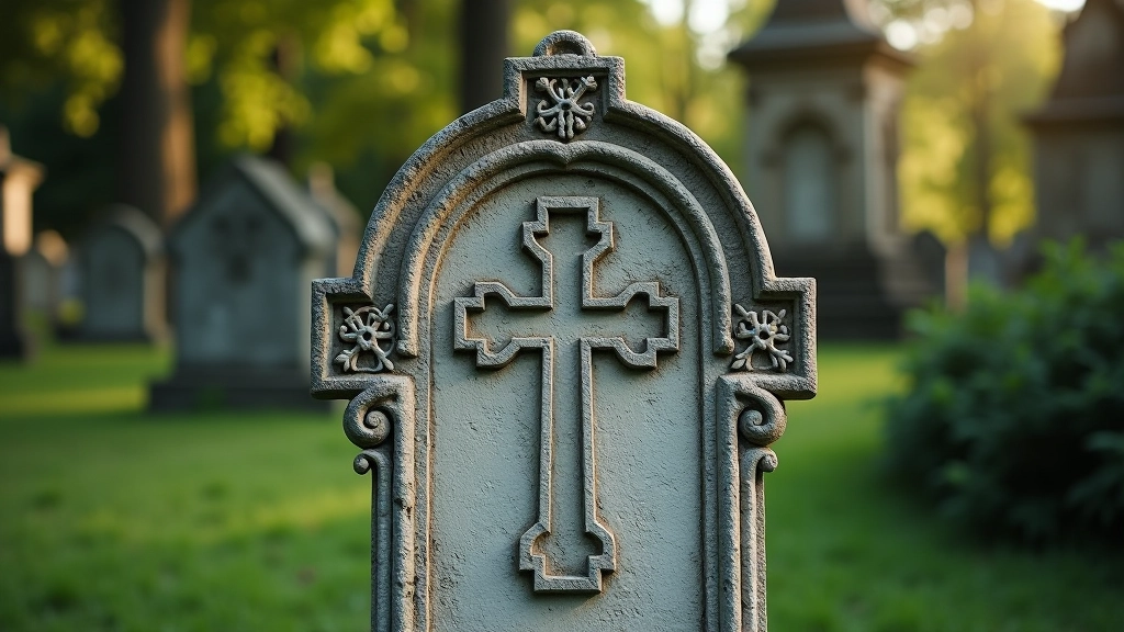Medieval gravestone with carved cross and decorative border patterns in limestone