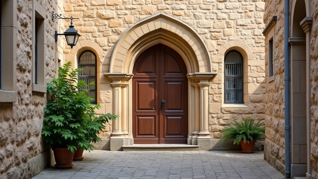 Historic stone building facade with Gothic-style arched doorway, weathered walls showing centuries of repairs, narrow medieval street