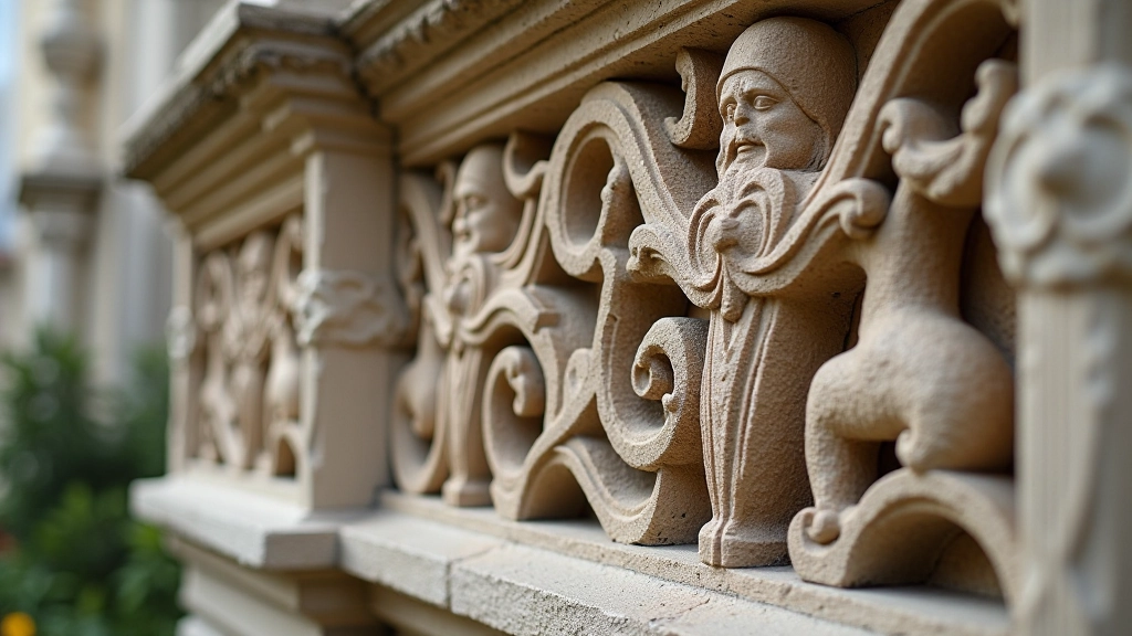 Detailed carving of medieval stone decorative elements on church exterior showing craftmanship