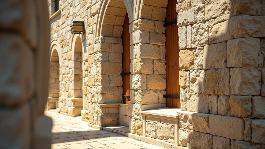 Medieval stone church exterior detail showing weathered limestone blocks and mortar joints from centuries of construction
