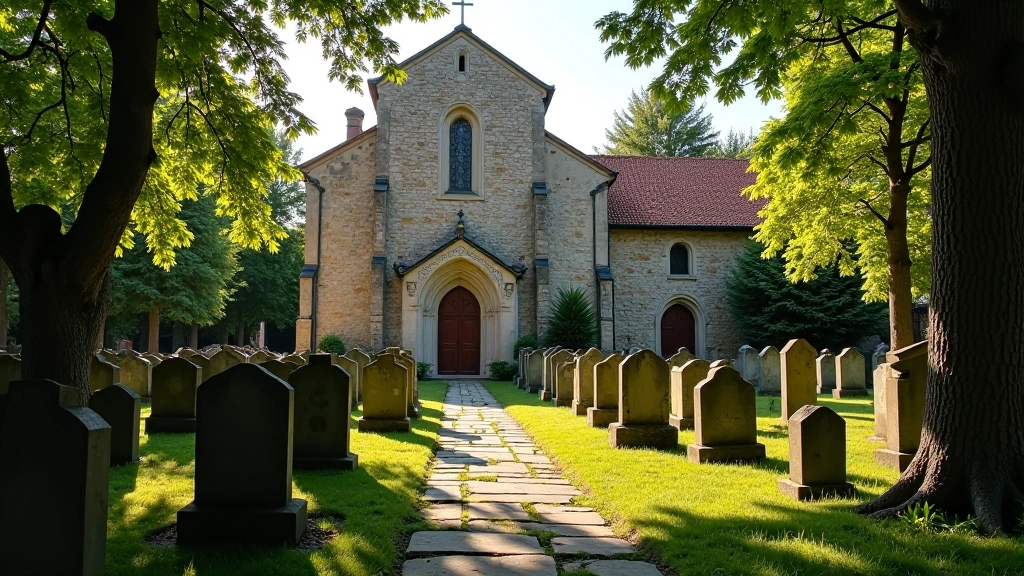 St Catherine Church surrounded by historic cemetery gardens with medieval stonework and peaceful pathways