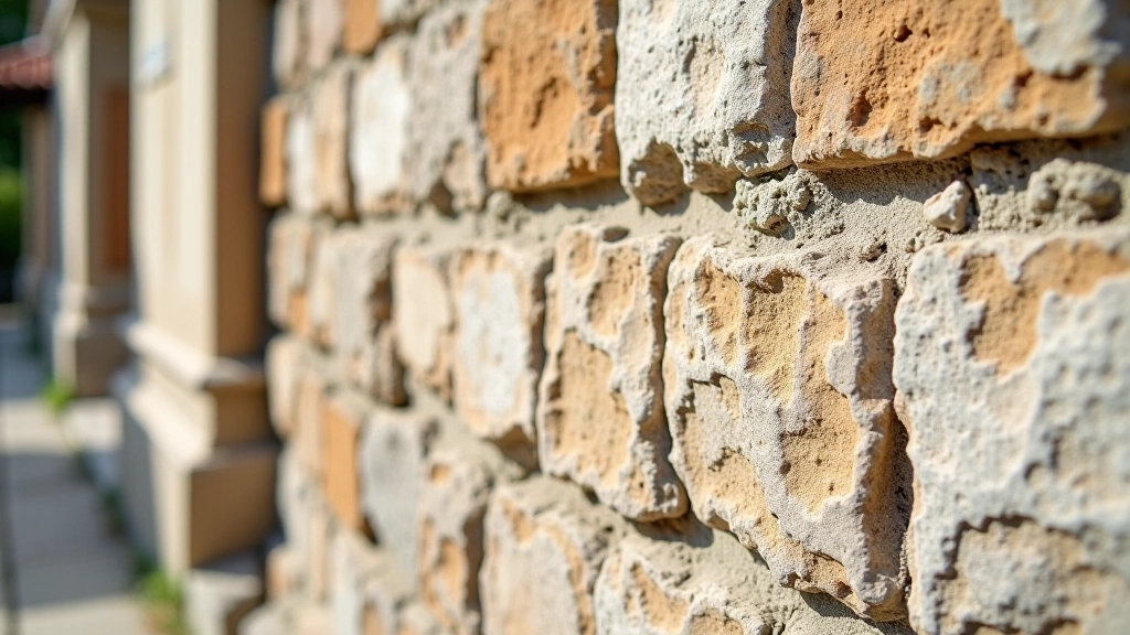Close-up detail of historic stone wall with mortar joints and patina, showing medieval construction technique and weathering patterns