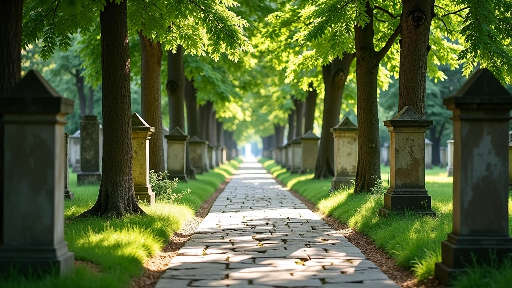 Peaceful stone pathway lined with mature trees and weathered gravestones, showing accessible walking route through cemetery garden