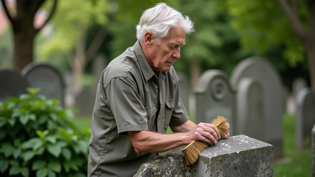 Person gently cleaning gravestone surface with soft brush and water, demonstrating proper conservation technique