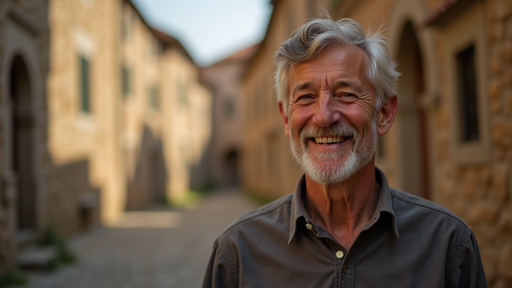 Portrait of experienced local heritage guide, warm smile, outdoor setting with historic buildings in background