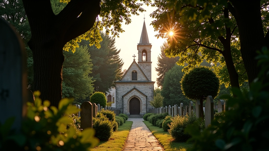 Historic church building visible through cemetery garden trees, stone architecture and garden landscape in golden light