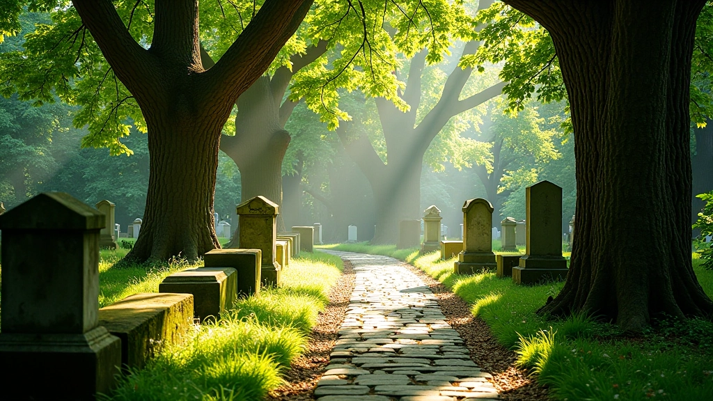 Sunlight filtering through ancient oak and linden trees, illuminating moss-covered stone path in peaceful cemetery garden