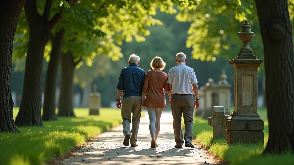 Elderly couple walking on tree-lined garden path with stone markers on both sides