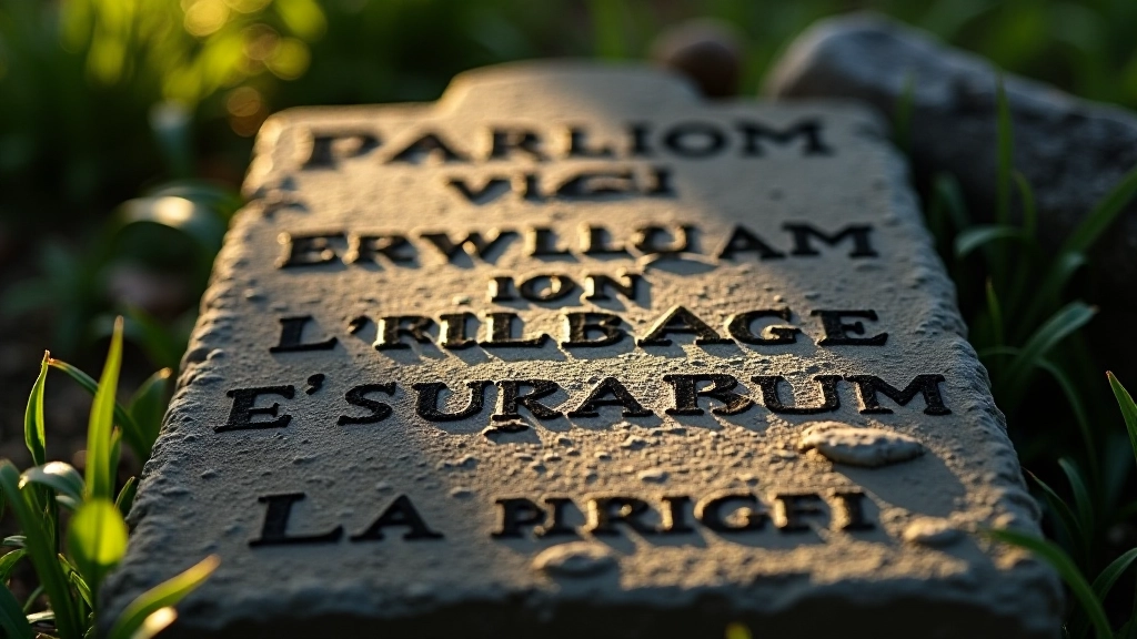 Close-up of weathered medieval gravestone showing Latin inscription carved in relief with visible chisel marks