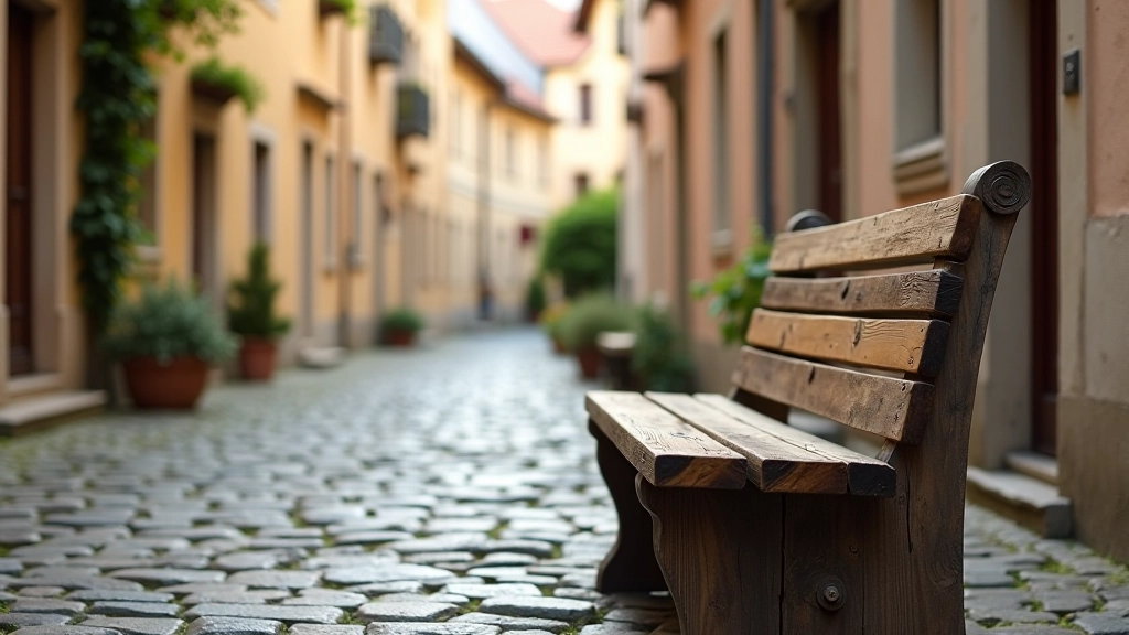 Wooden rest bench positioned on stone-paved street with view of historic buildings, peaceful medieval town setting with clear sight lines